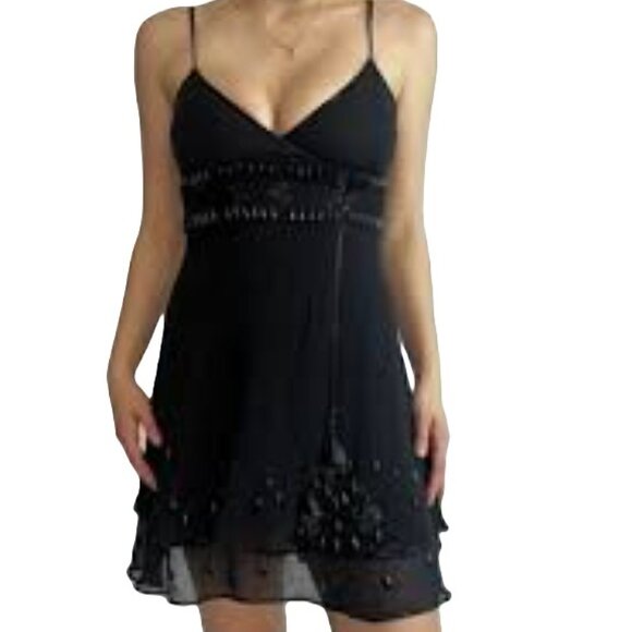 Bebe Women’s Sexy Black Beaded Mesh Surplice Cocktail Mini Dress Size Medium - Picture 2 of 16